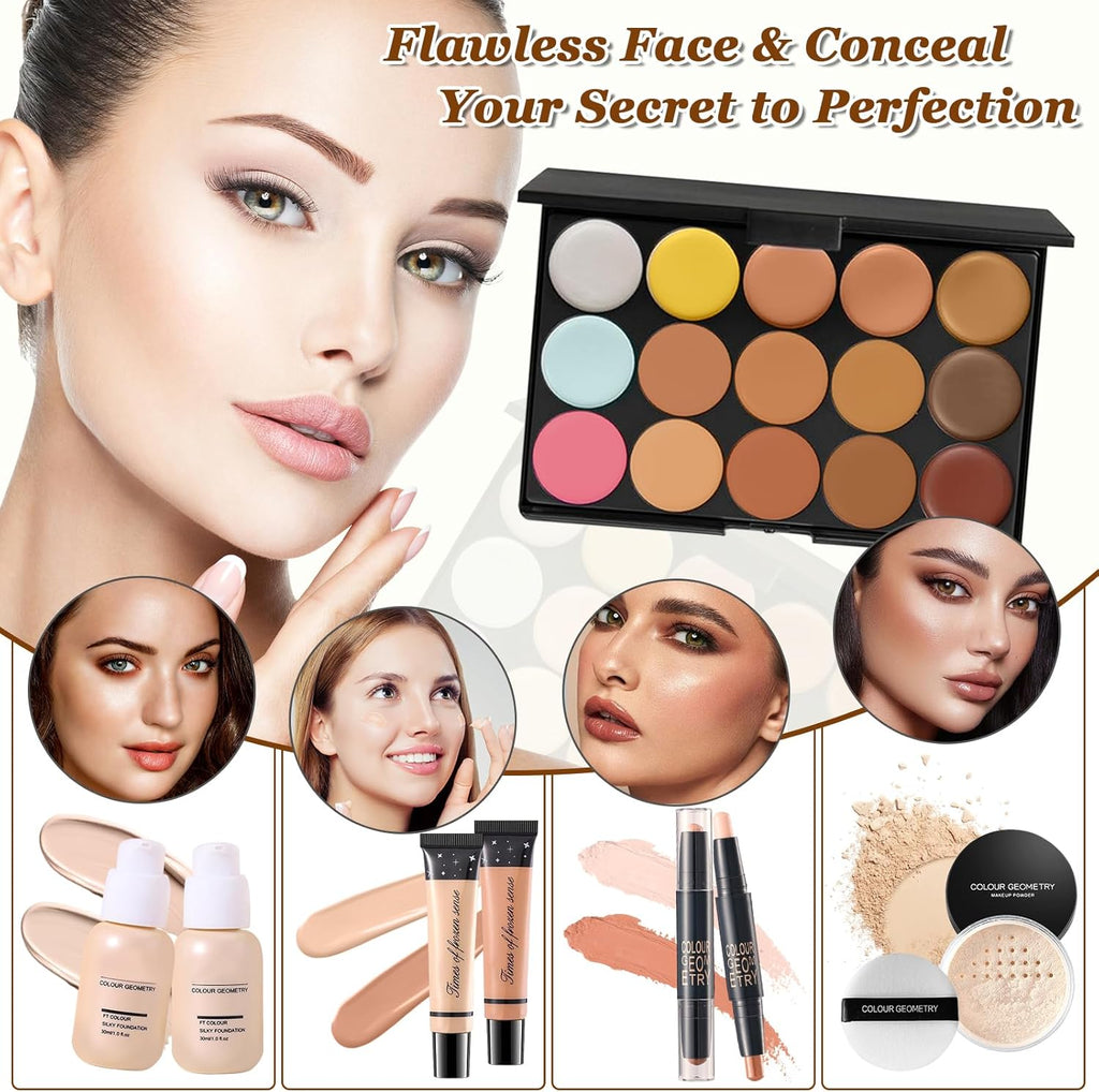 Women's Makeup Kit, Gift Set for Teenagers Girl, Professional Makeup Case Kit Complete with Eye Shadow Palette, Liquid Makeup Foundation, Mascara, Lip Gloss