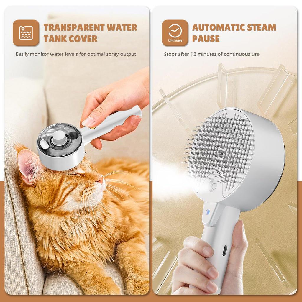 4 in 1 Steam Brush for Cats and Dogs - Self Cleaning with Water Reservoir - Pet Grooming and Massage