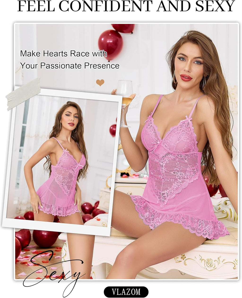 Vlazom Women's Lingerie Sexy Lace Babydoll V Neck Chemise Nightgown with G-String