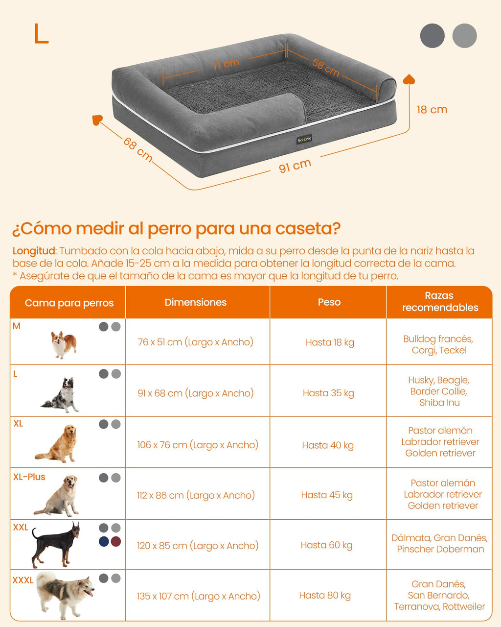 Feandrea Orthopedic Dog Bed, Sofa, Pet Bed, Soft Padding, Raised Edges, Removable and Washable Cover, 122 x 85 x 20 cm, Non-Slip, Osucro Grey PGW078G01