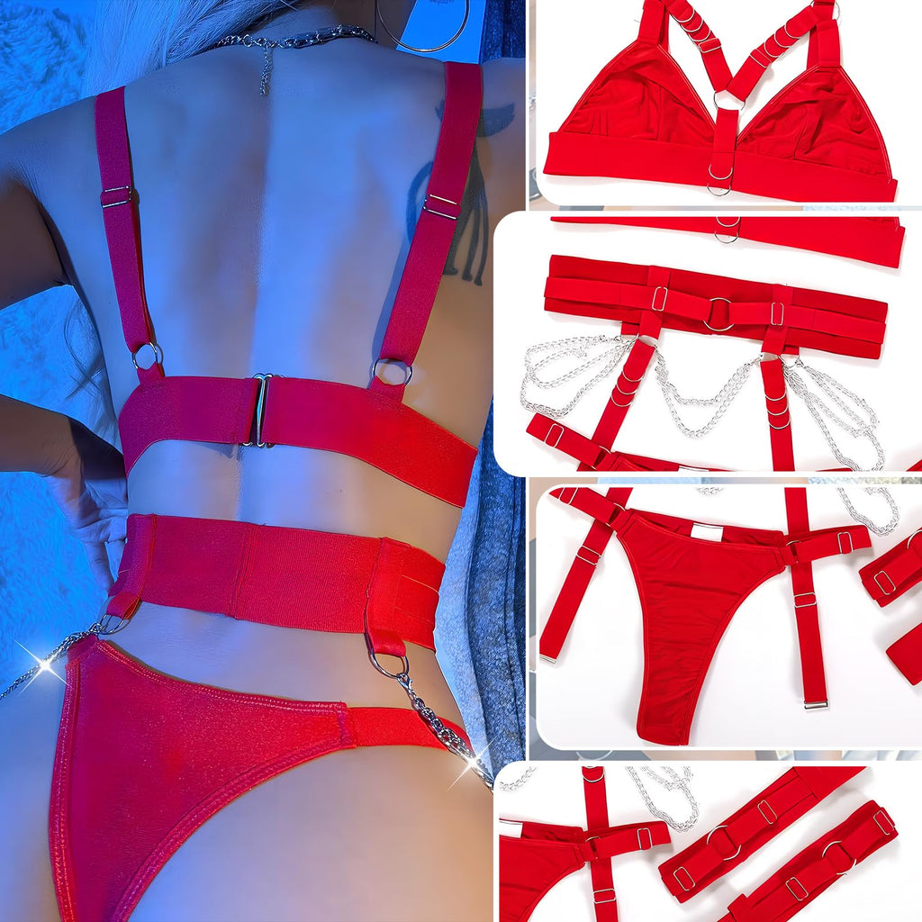 Sexy Lingerie Sets for Women, 5 Pieces Exotic Lingerie Sets with Thigh Garters Bra Set with Underwire and Chain