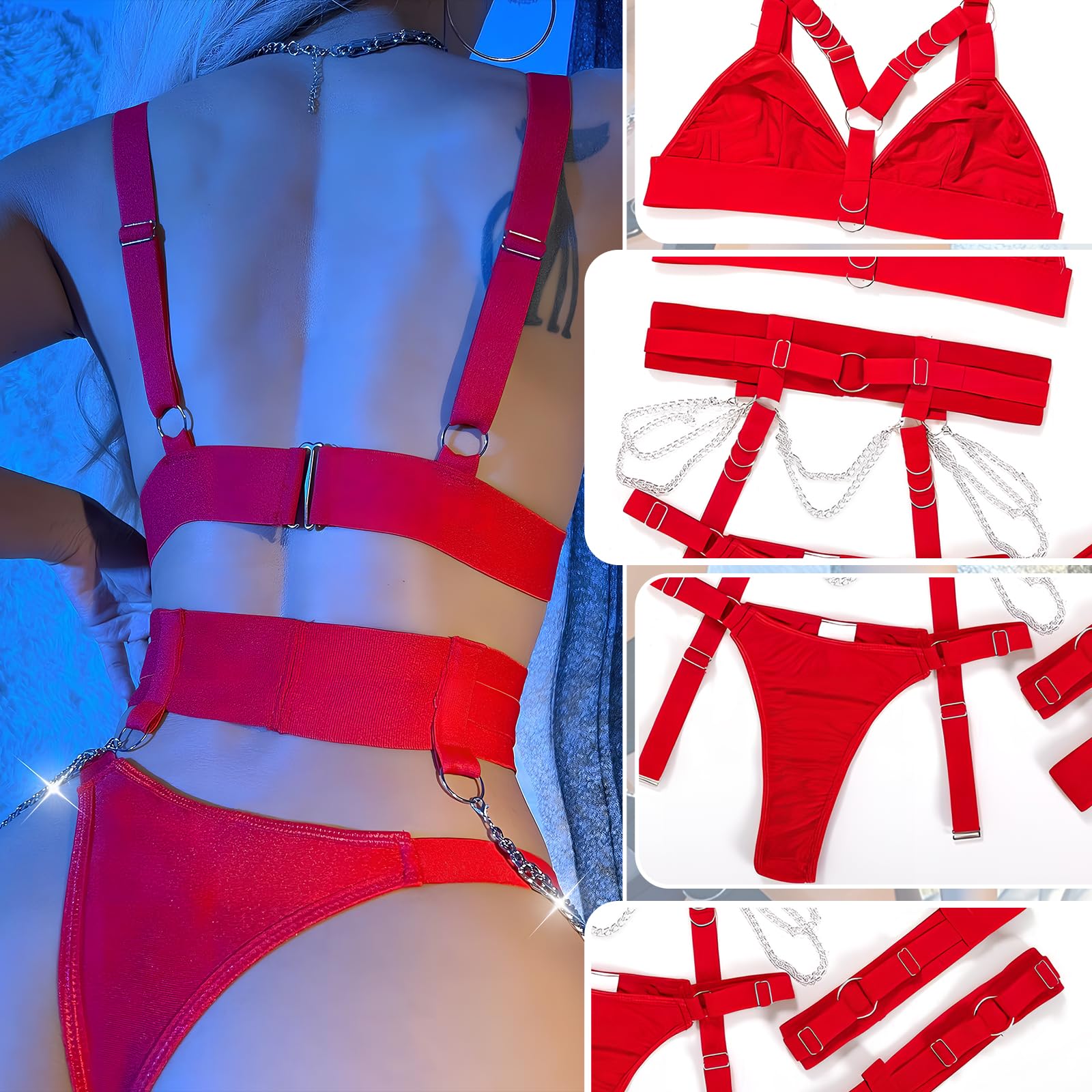 Sexy Lingerie Sets for Women, 5 Pieces Exotic Lingerie Sets with Thigh Garters Bra Set with Underwire and Chain