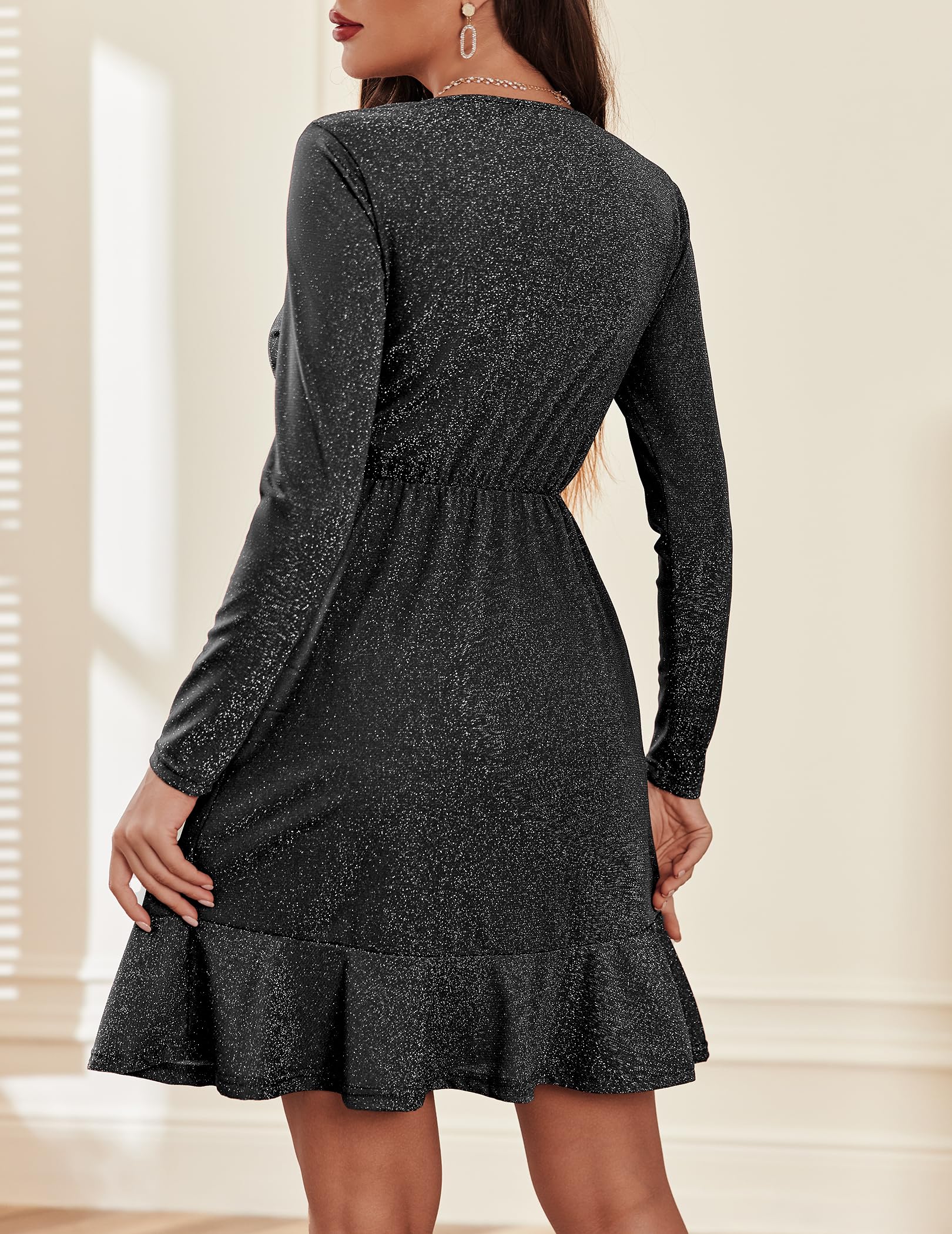 Zeagoo Women Glitter Dress V Neck Long Sleeve Ruffle Hem Cocktail Party Dress Sparkly Mini Dress