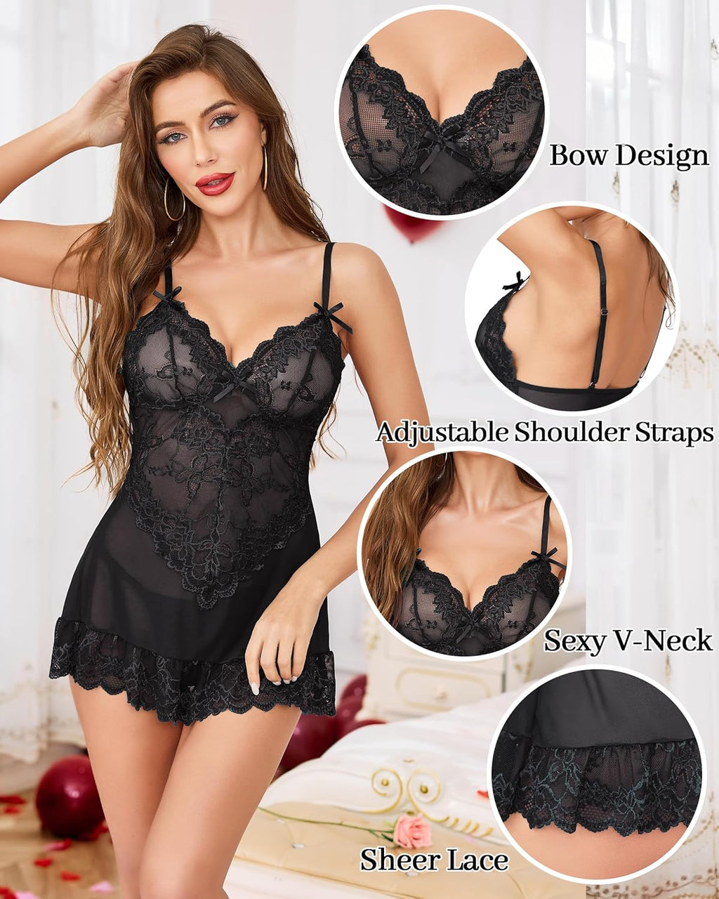 Vlazom Women's Lingerie Sexy Lace Babydoll V Neck Chemise Nightgown with G-String