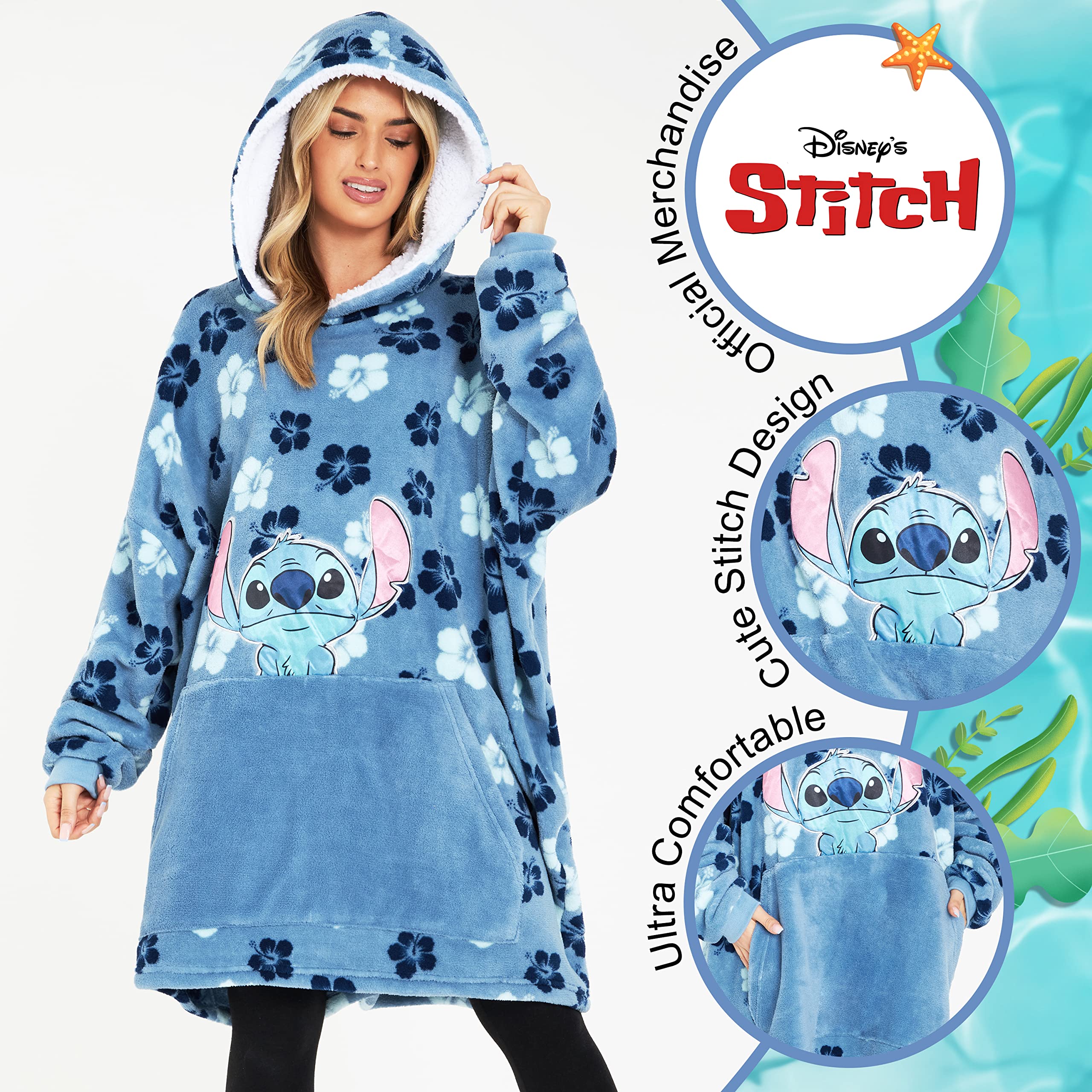 Disney Stitch Sudadera Mujer - Sudadera Manta con Capucha de Forro Polar, Talla Única, Oversize - Regalos para Mujer