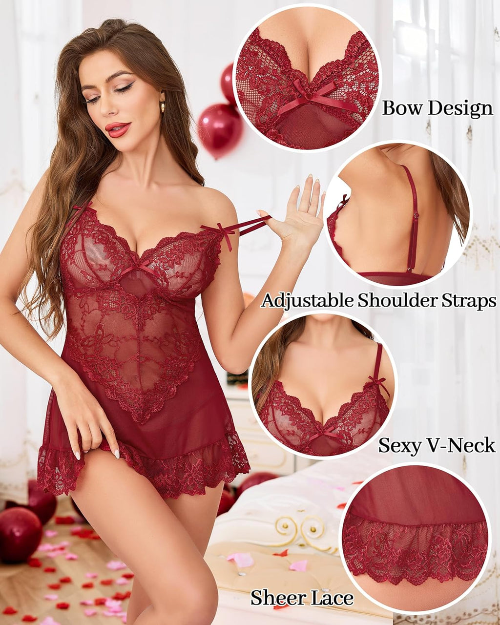Vlazom Women's Lingerie Sexy Lace Babydoll V Neck Chemise Nightgown with G-String
