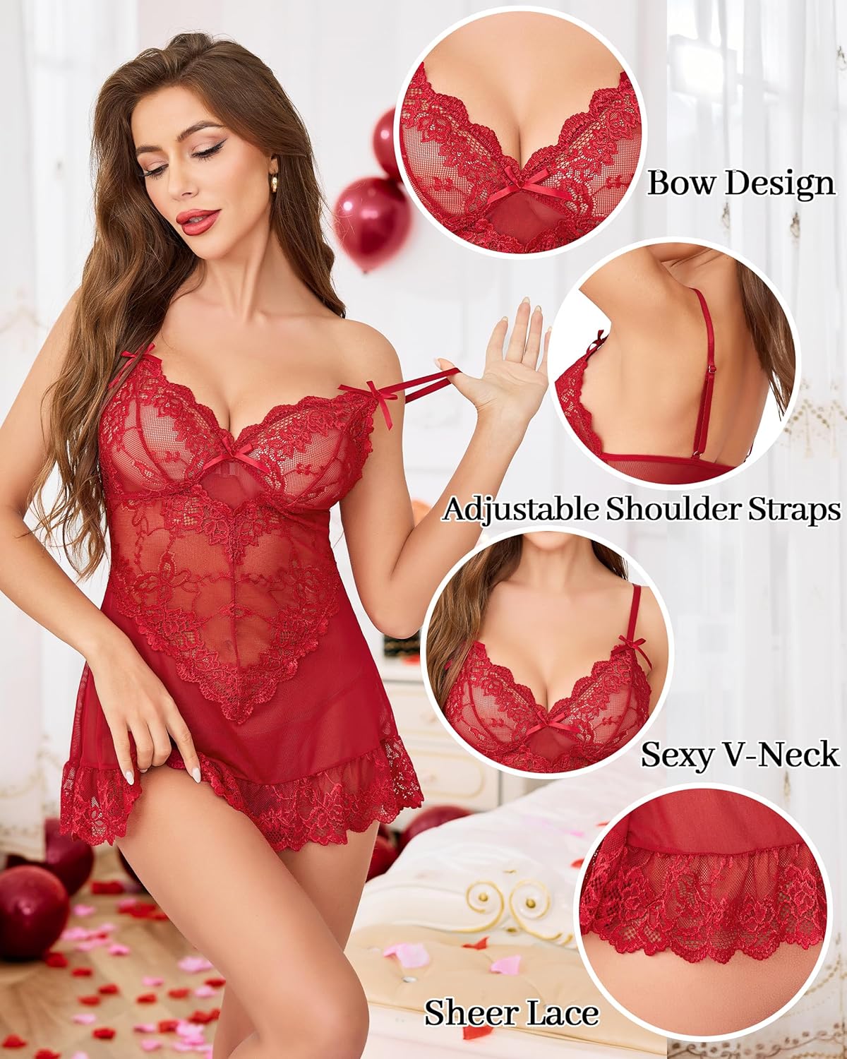 Vlazom Women's Lingerie Sexy Lace Babydoll V Neck Chemise Nightgown with G-String