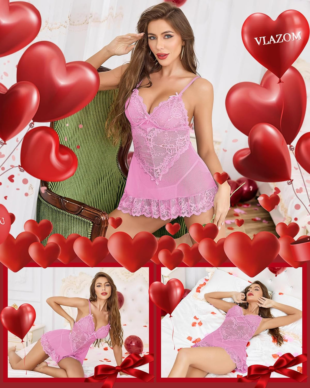 Vlazom Women's Lingerie Sexy Lace Babydoll V Neck Chemise Nightgown with G-String