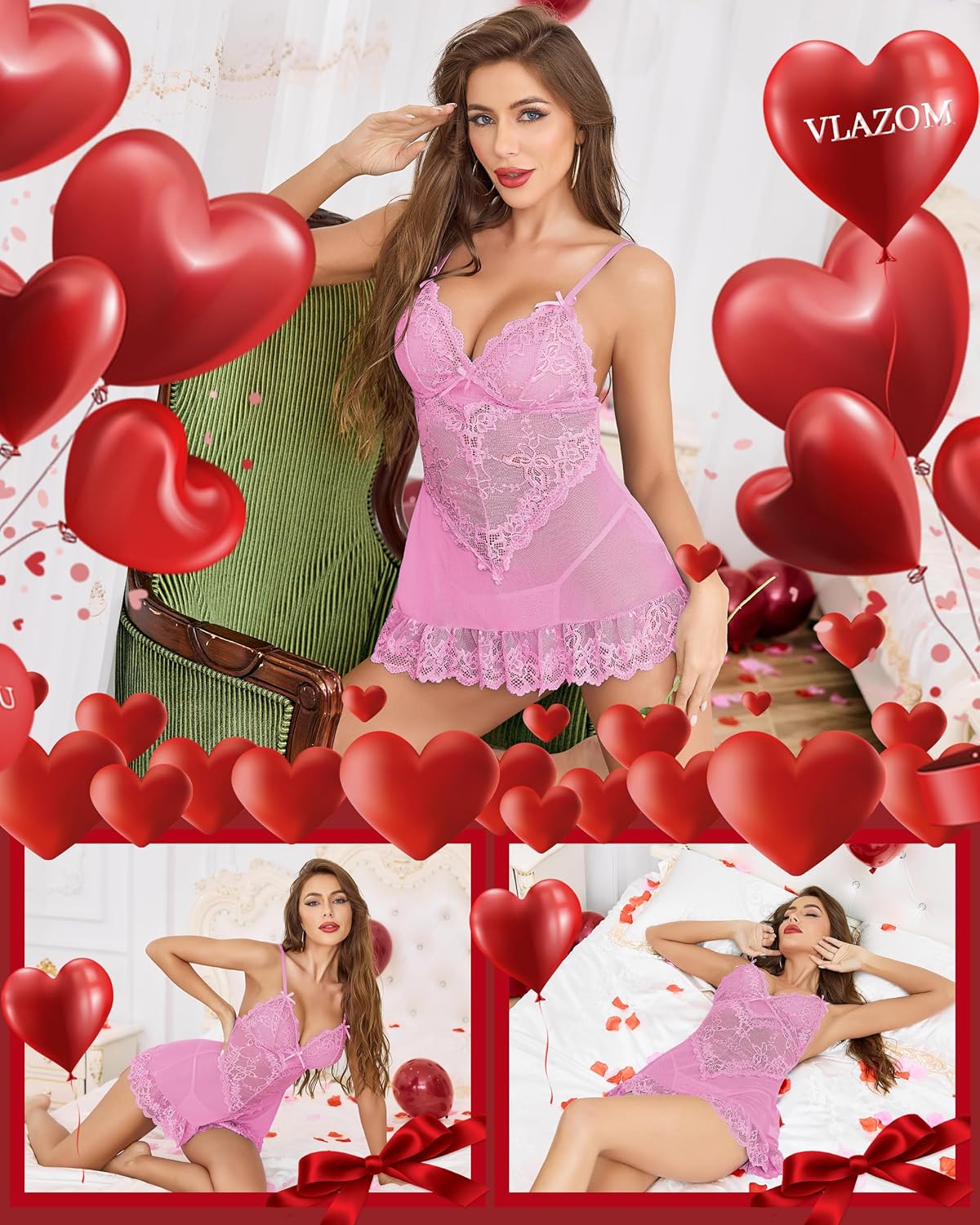 Vlazom Women's Lingerie Sexy Lace Babydoll V Neck Chemise Nightgown with G-String