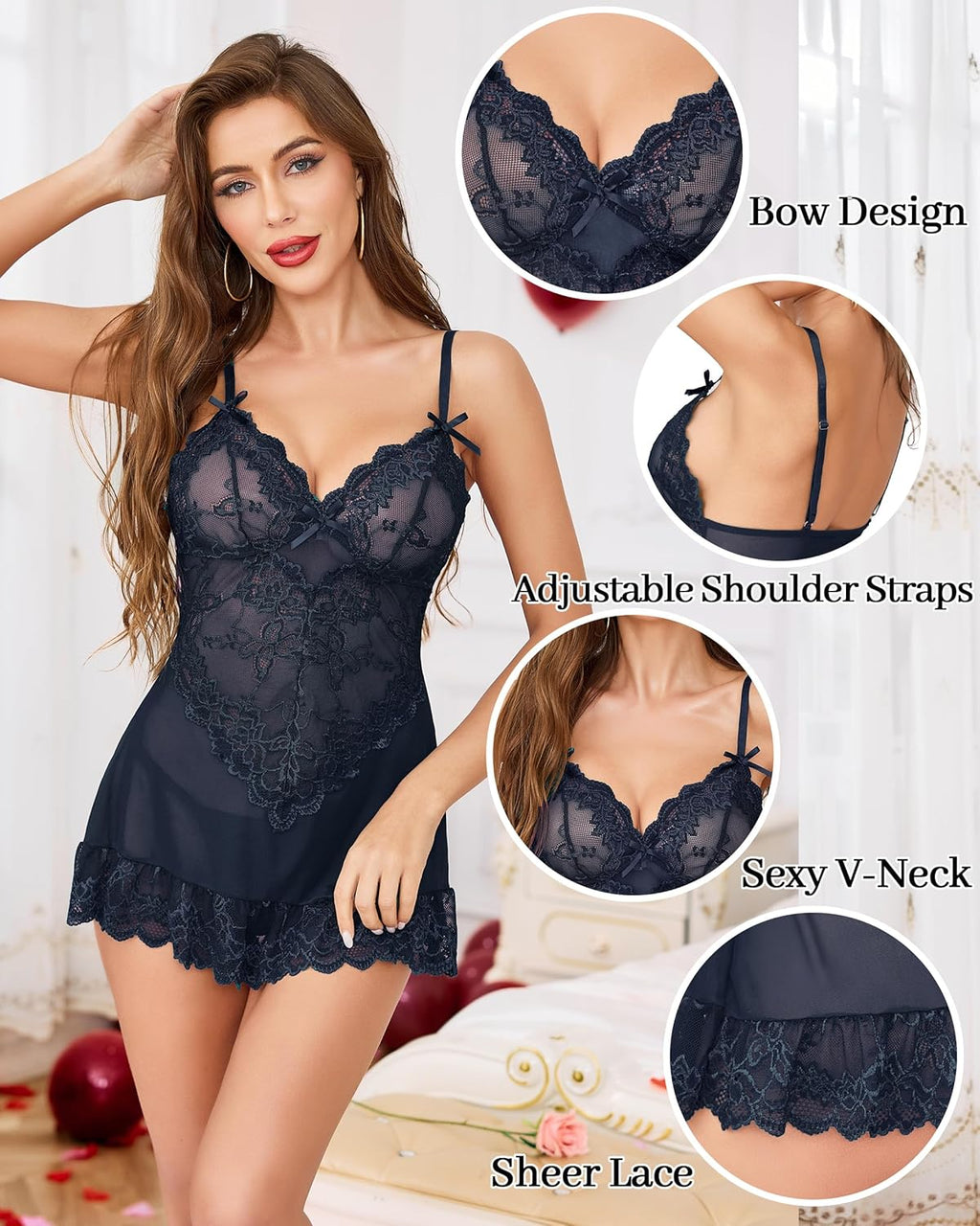 Vlazom Women's Lingerie Sexy Lace Babydoll V Neck Chemise Nightgown with G-String