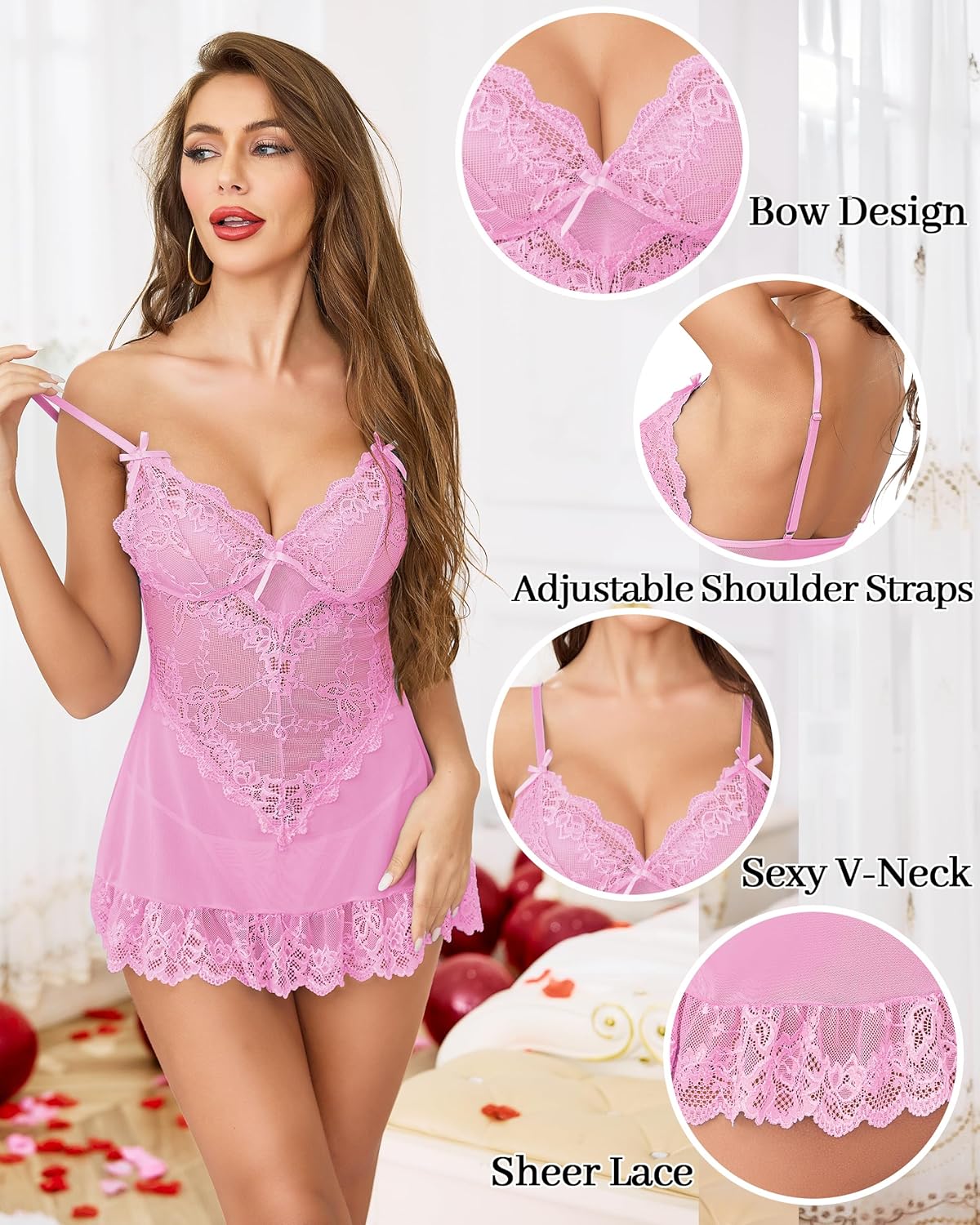 Vlazom Women's Lingerie Sexy Lace Babydoll V Neck Chemise Nightgown with G-String