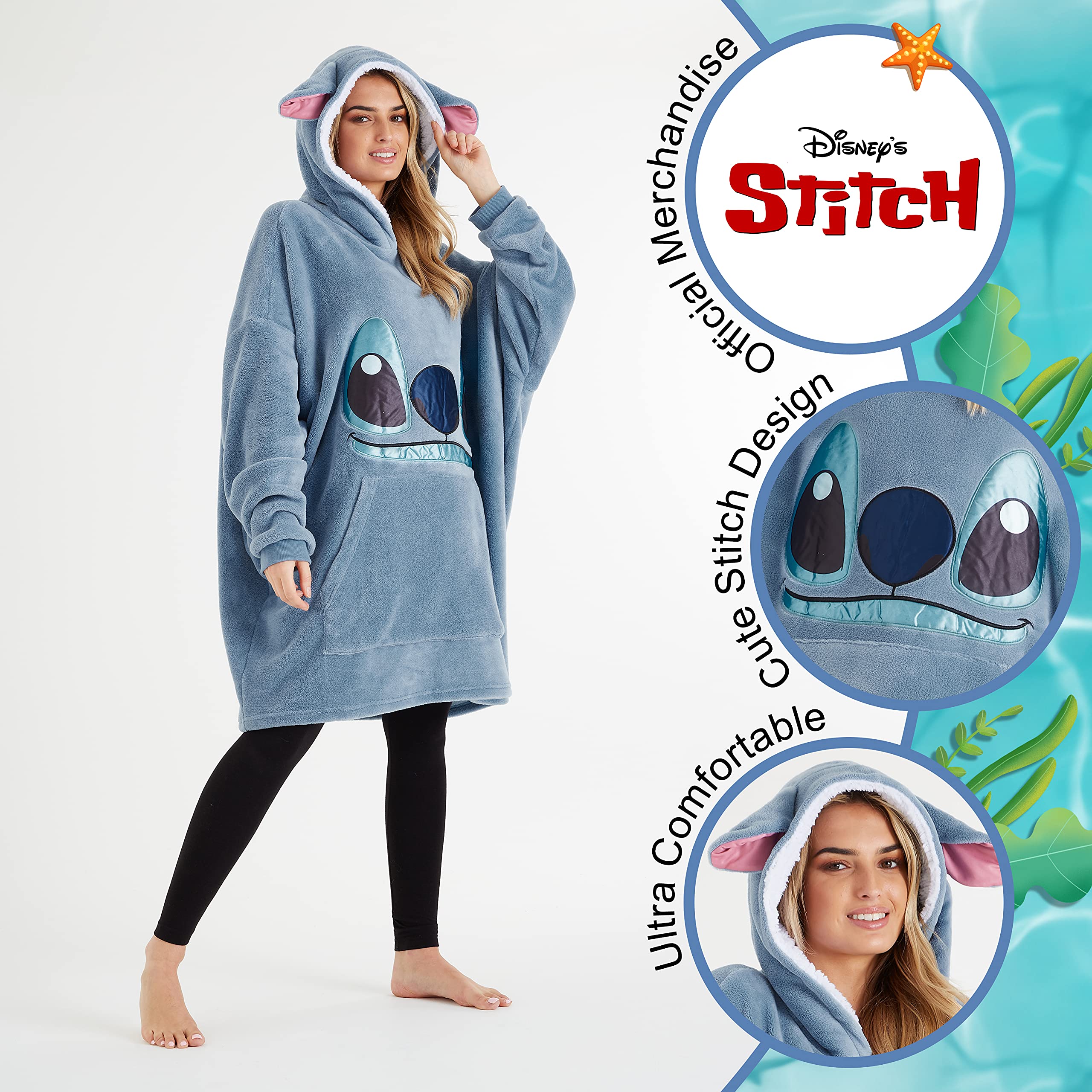 Disney Stitch Sudadera Mujer - Sudadera Manta con Capucha de Forro Polar, Talla Única, Oversize - Regalos para Mujer